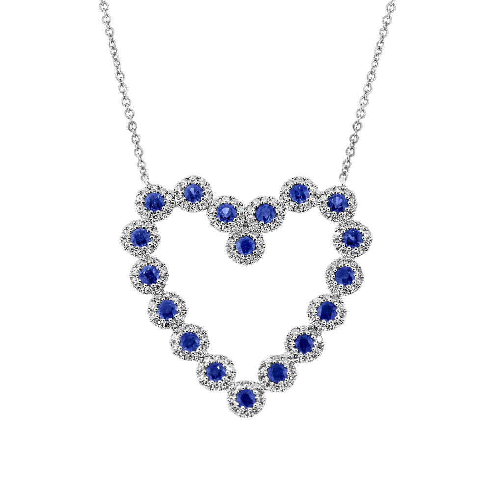14K Gold 0.79 CT Blue Sapphire Diamond Heart Pendant Necklace Round Cut Natural