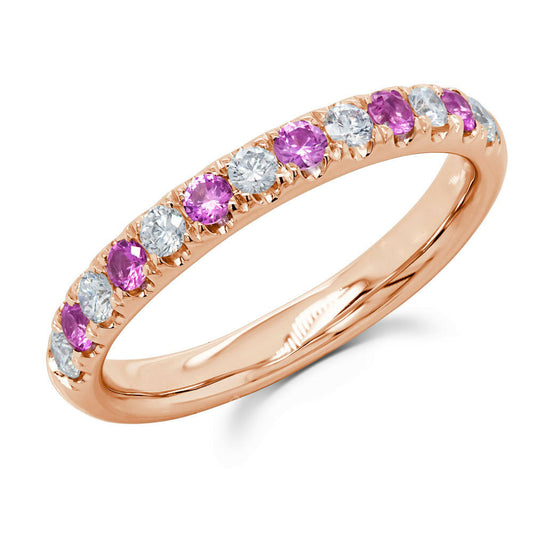 14K Gold 0.30 CT Alternating Natural Round Diamond Pink Sapphire Ring Wedding Band