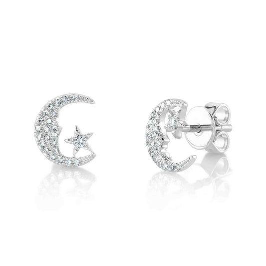 14K Gold 0.12 CT Diamond Moon And Star Stud Earrings Round Cut Natural