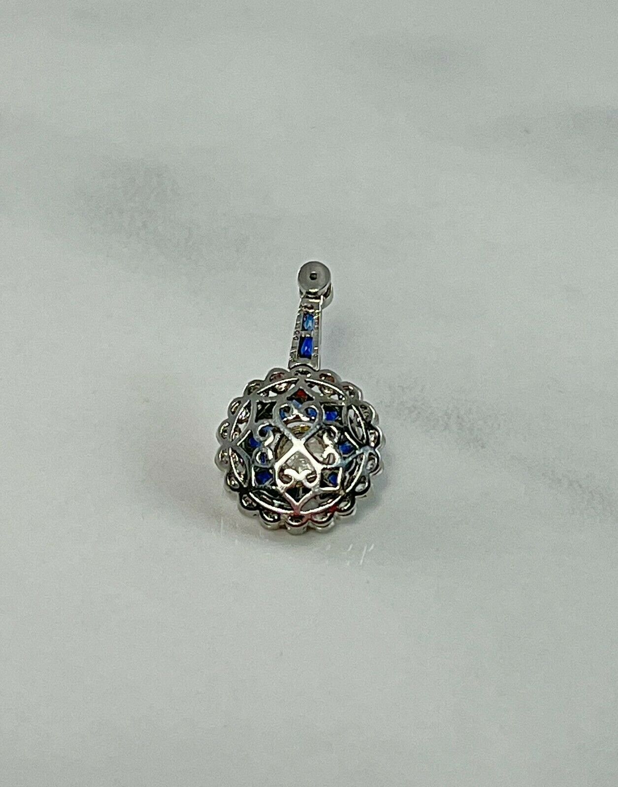 French Cut Sapphire Diamond Platinum Pendant Necklace Art Deco Chain Included