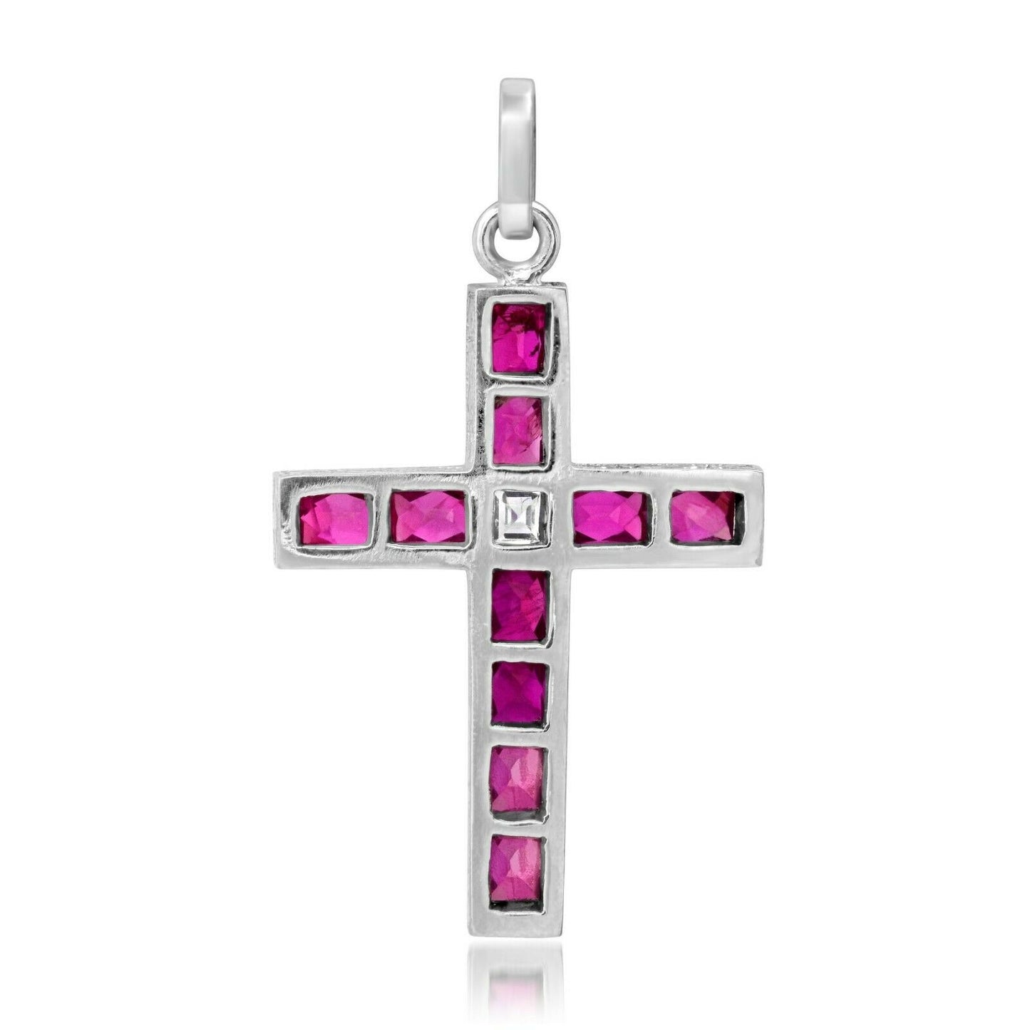 Art Deco Ruby Diamond Cross Platinum Pendant Necklace Chain Included