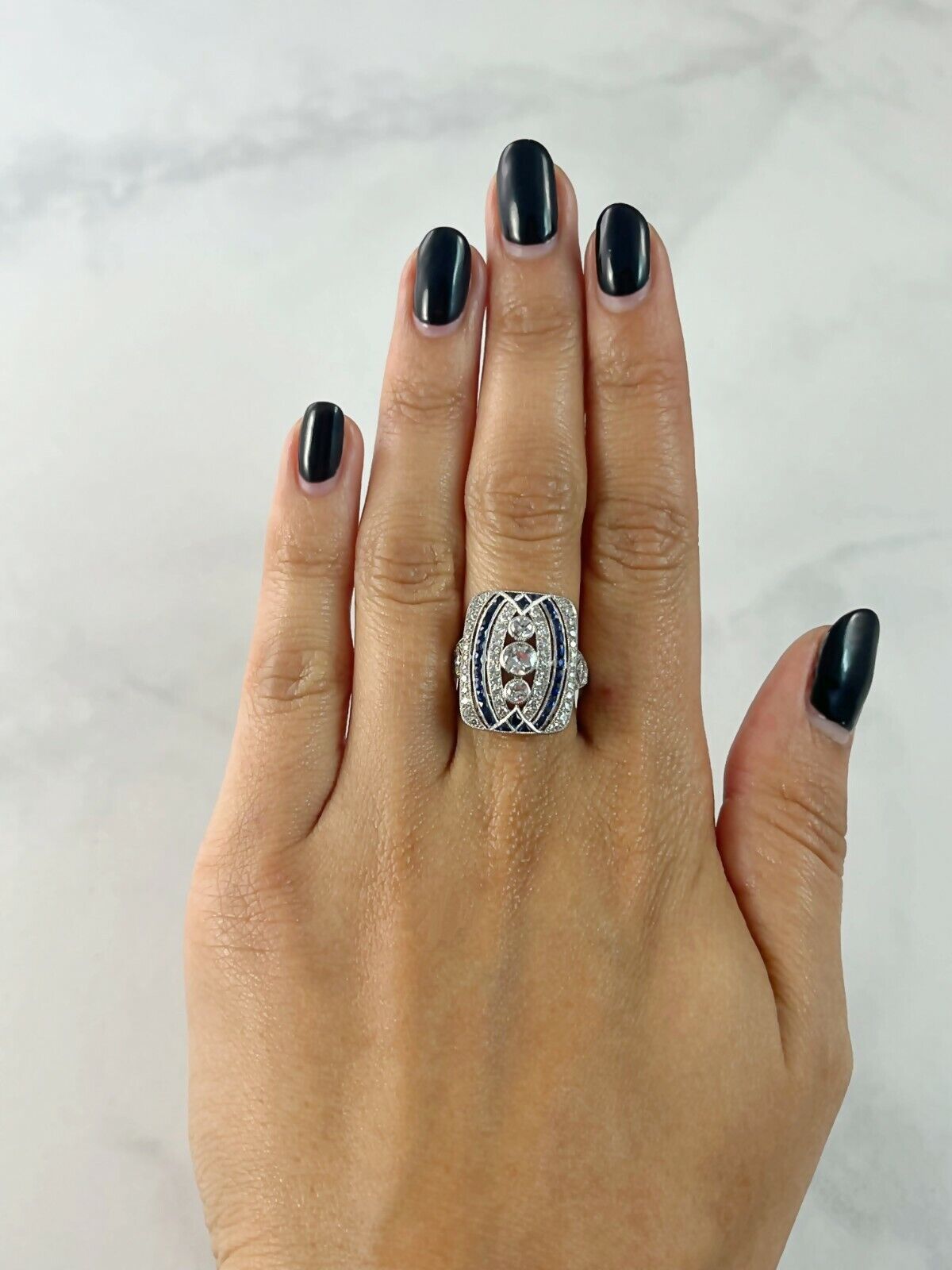 Art Deco Diamond Blue Sapphire Platinum Ring Handmade Natural