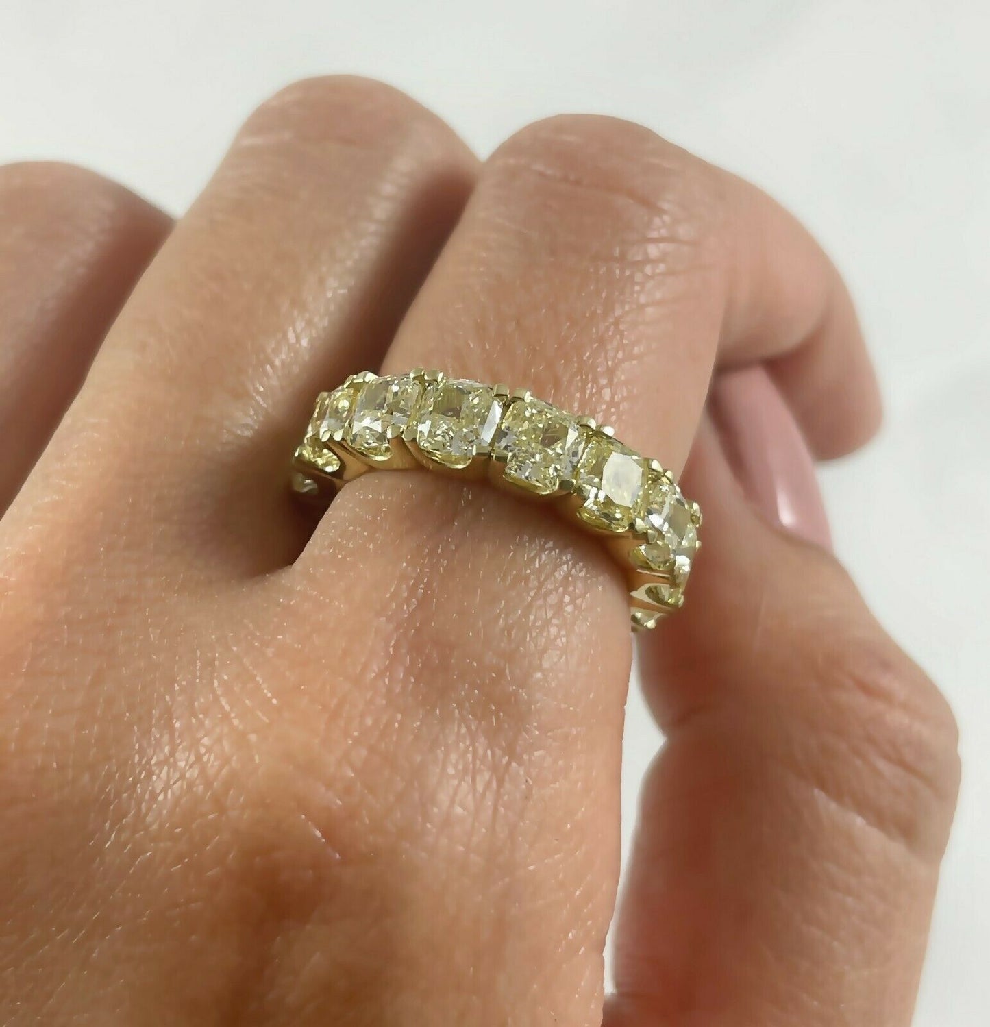 18K Gold 7.56CT Fancy Yellow Cushion Diamond Eternity Ring Certified Natural