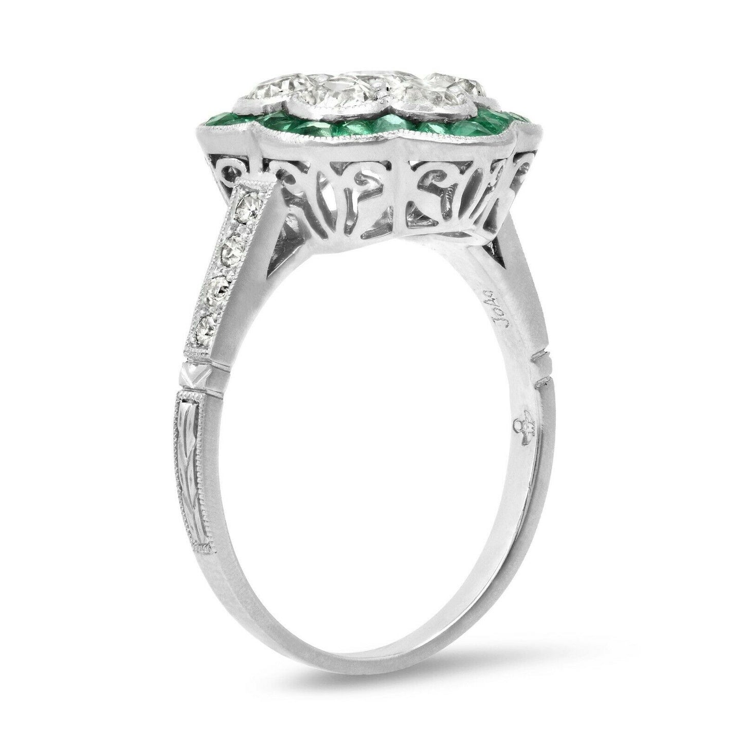 Platinum Diamond Flower Emerald Ring Cocktail Art Deco Certified Natural