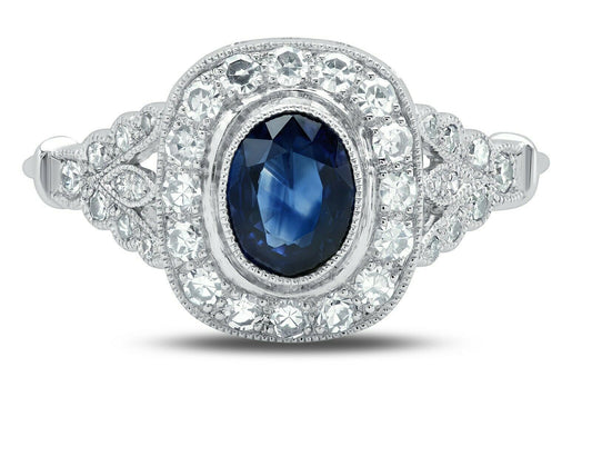 Art Deco Oval Blue Sapphire Diamond Platinum Engagement Ring