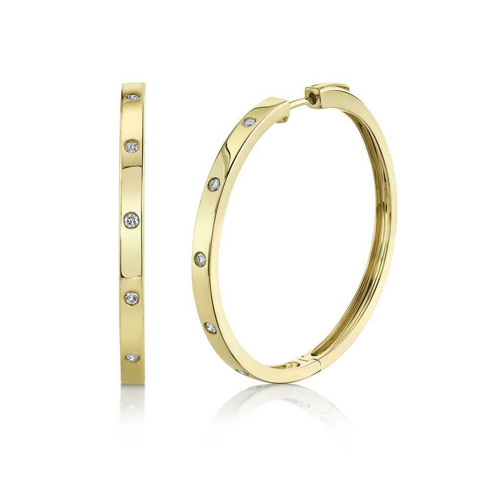 14K Gold 0.18 CT Bezel Set Diamond Hoop Earrings Round Cut
