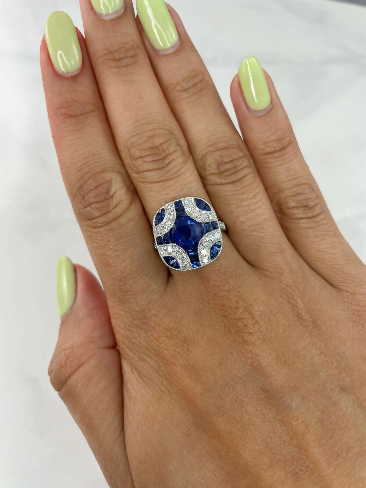 Art Deco Blue Sapphire Diamond Platinum Ring