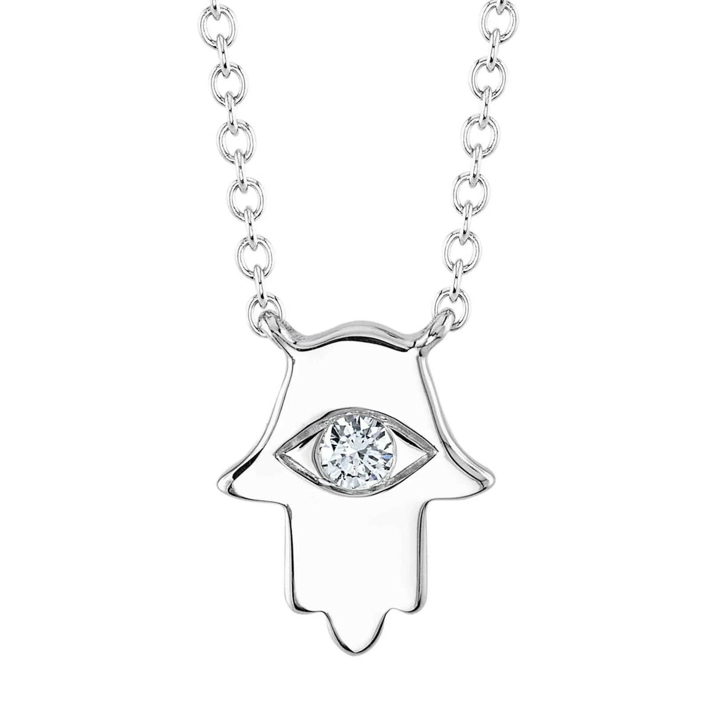 Diamond Hamsa Pendant Necklace Hand 14K White Gold 0.04 CT Round Cut Natural