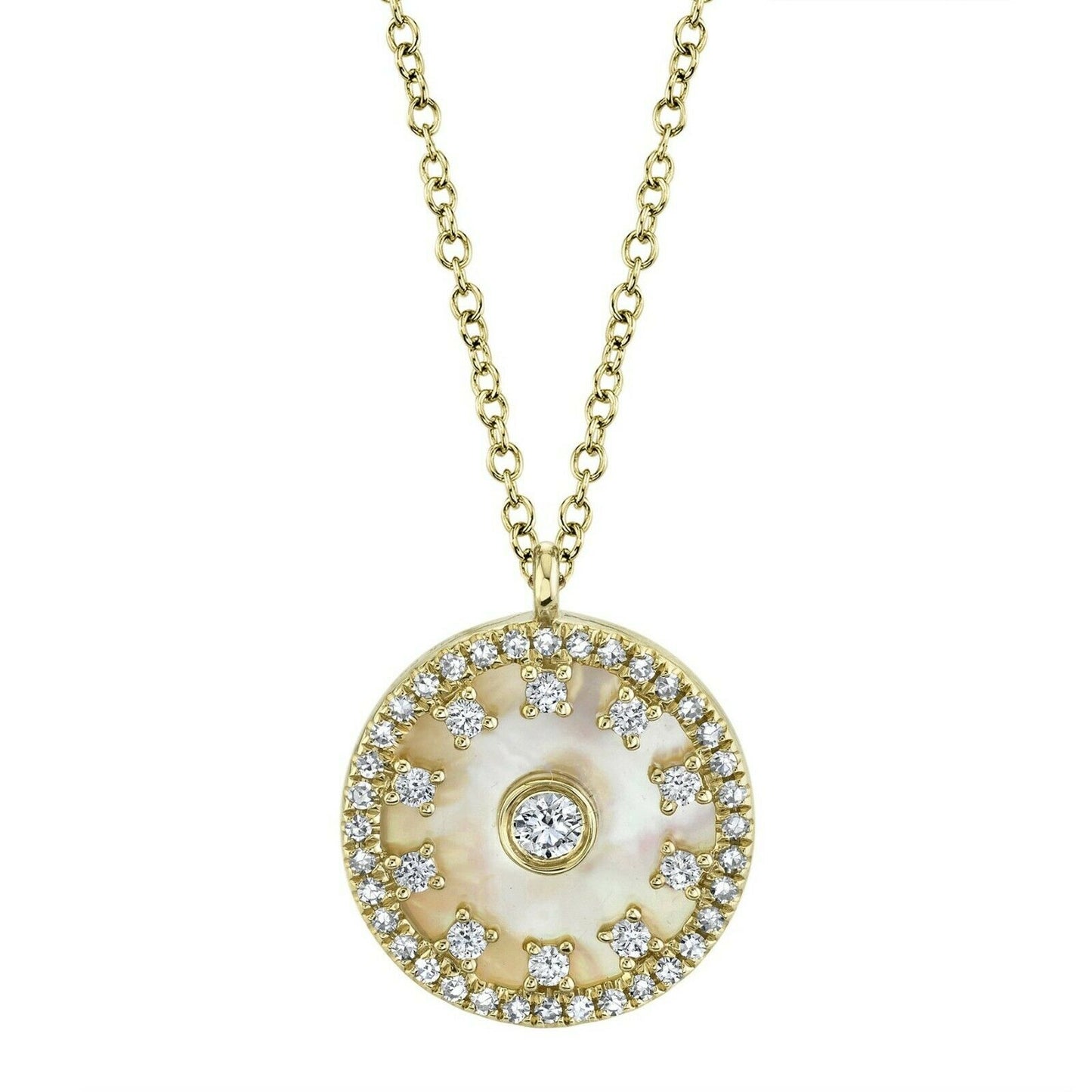 14K Gold 1.73 CT Mother Of Pearl Diamond Pendant Necklace Circle Disc Natural