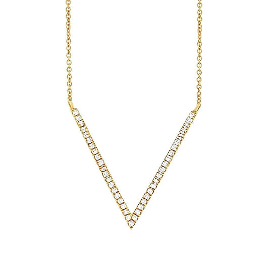 14K Gold 0.12 CT Diamond Natural Round Cut V Pendant Necklace