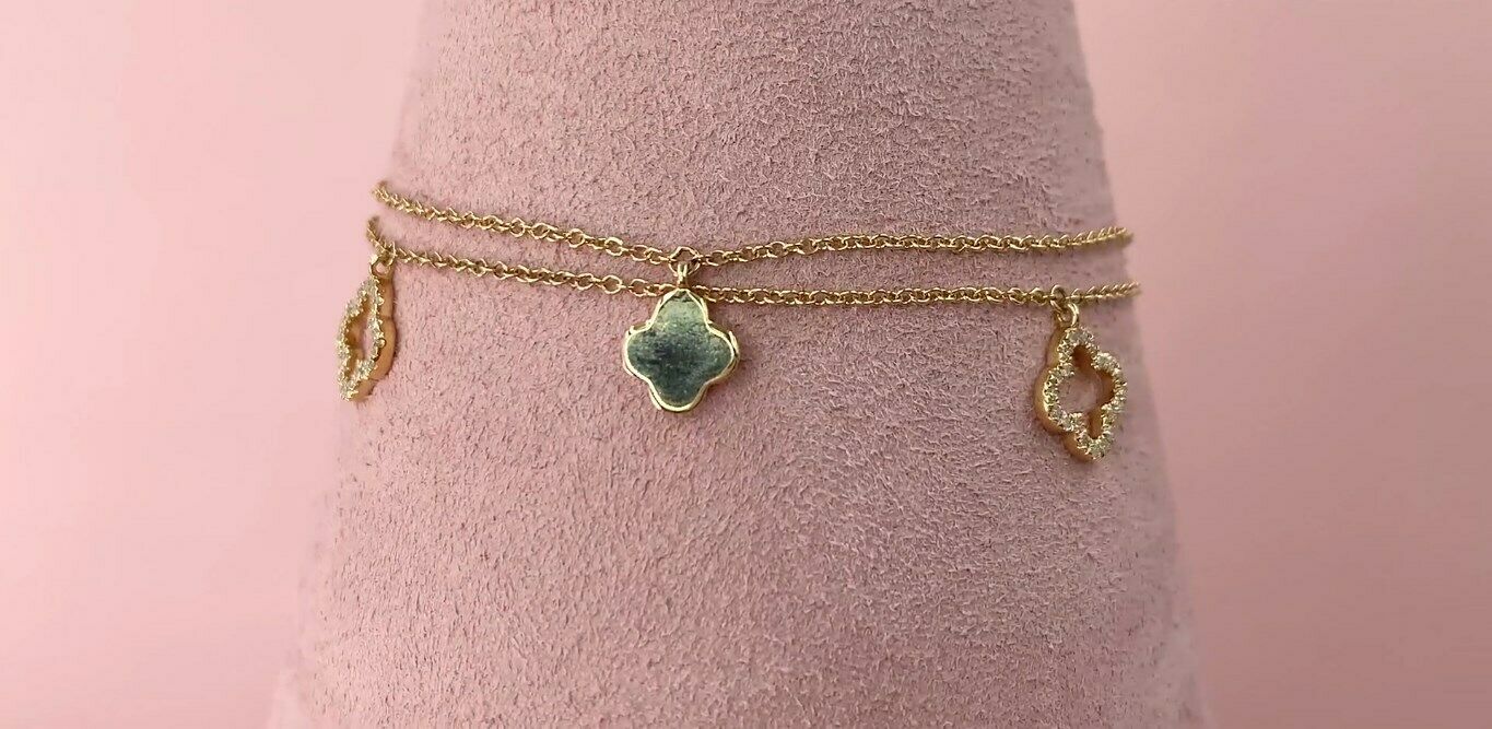 14K Gold 0.19 CT Diamond Clover Charm Bracelet Round Cut Natural Womens