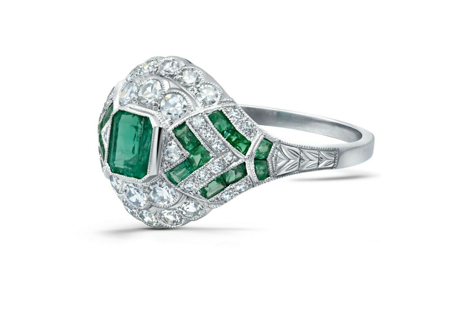 Emerald And Diamond Platinum Ring Handmade Certified Natural
