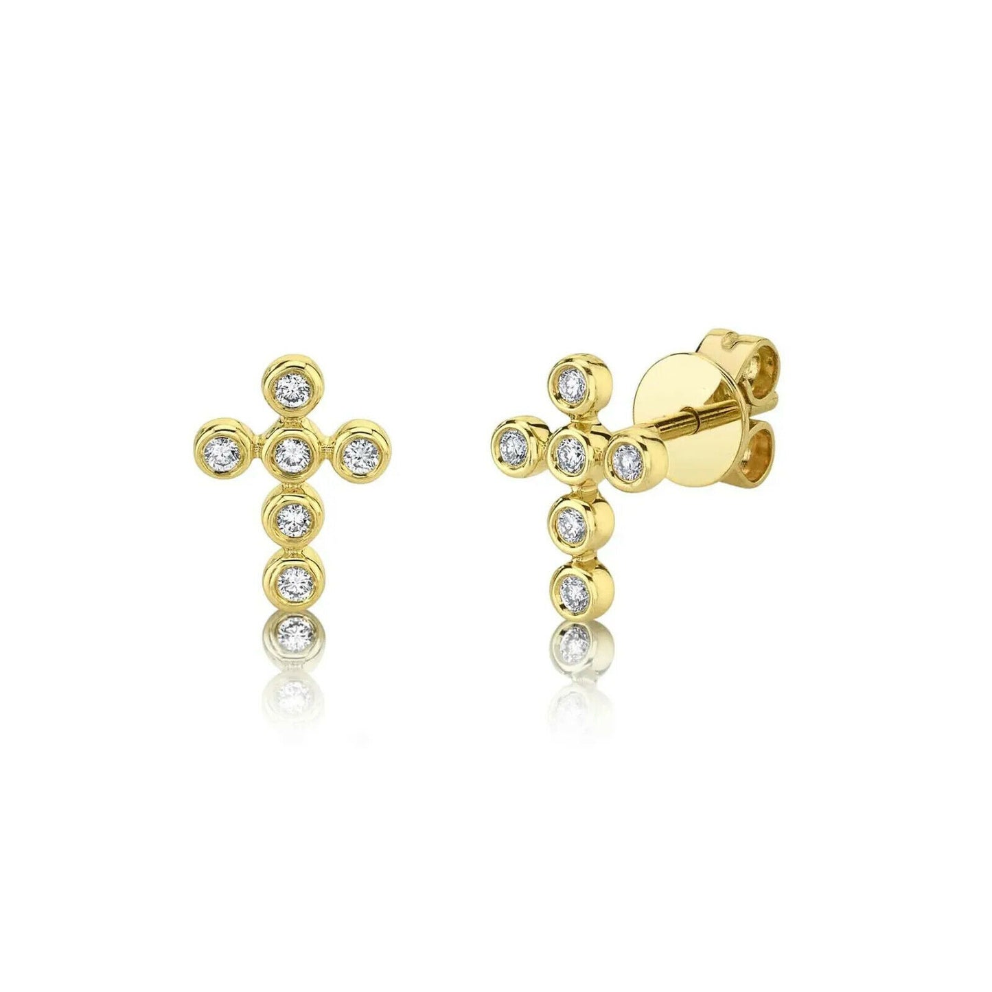 14K Gold 0.10 CT Diamond Cross Stud Earrings Round Cut Bezel Set Natural