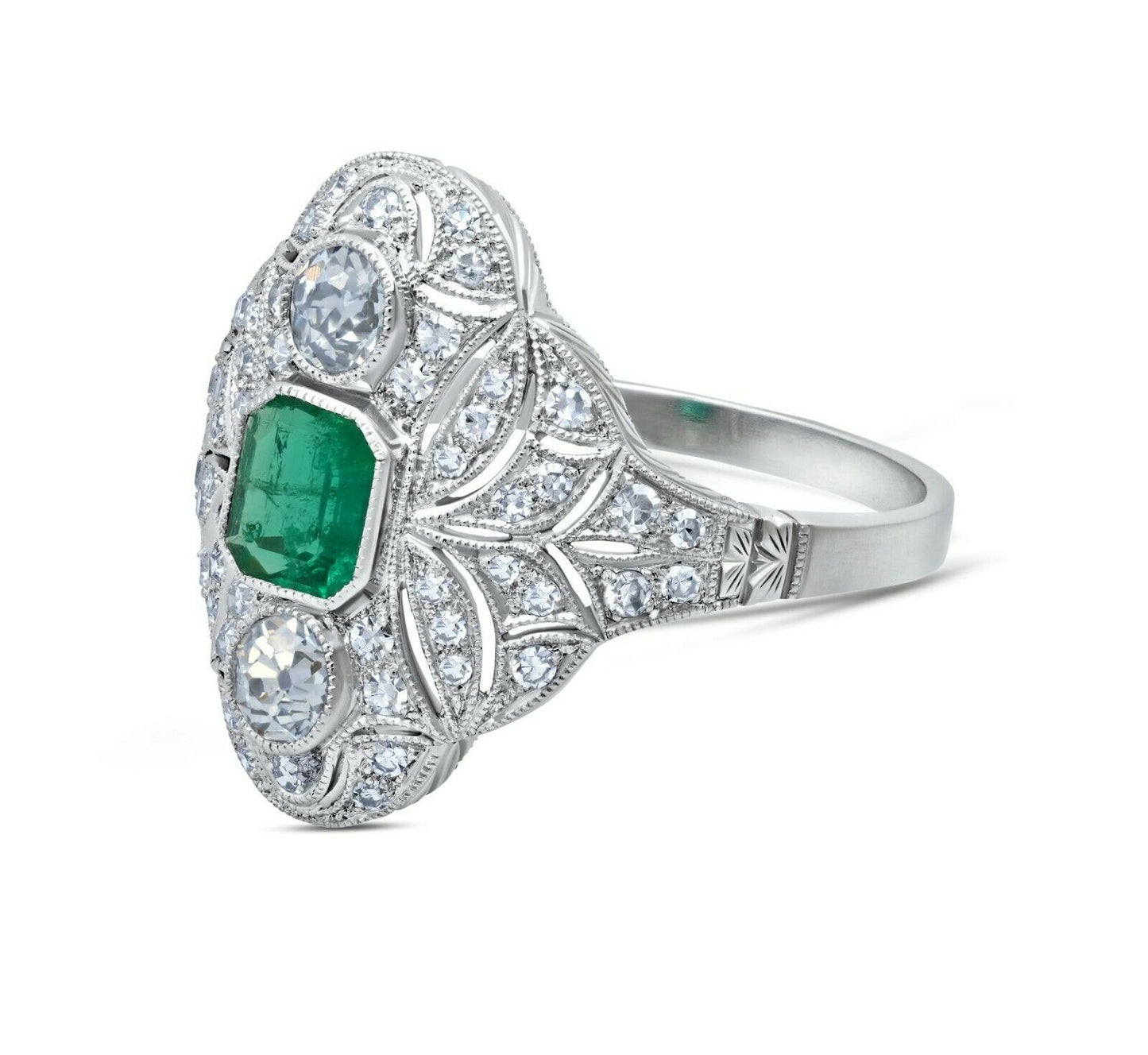 Diamond And Emerald Platinum Ring Art Deco Antique Rose Cut Certified Natural