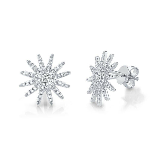 14K Gold 0.41 CT Diamond Starburst Earrings Stud Sun Rays Push Back Round Cut