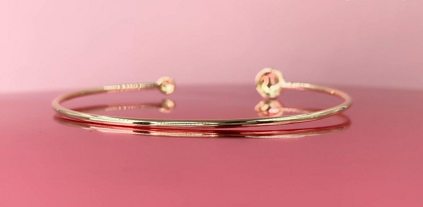 14K Gold 0.04 CT Diamond Open Bangle Bracelet Minimalist Circle Disc Dainty Natural