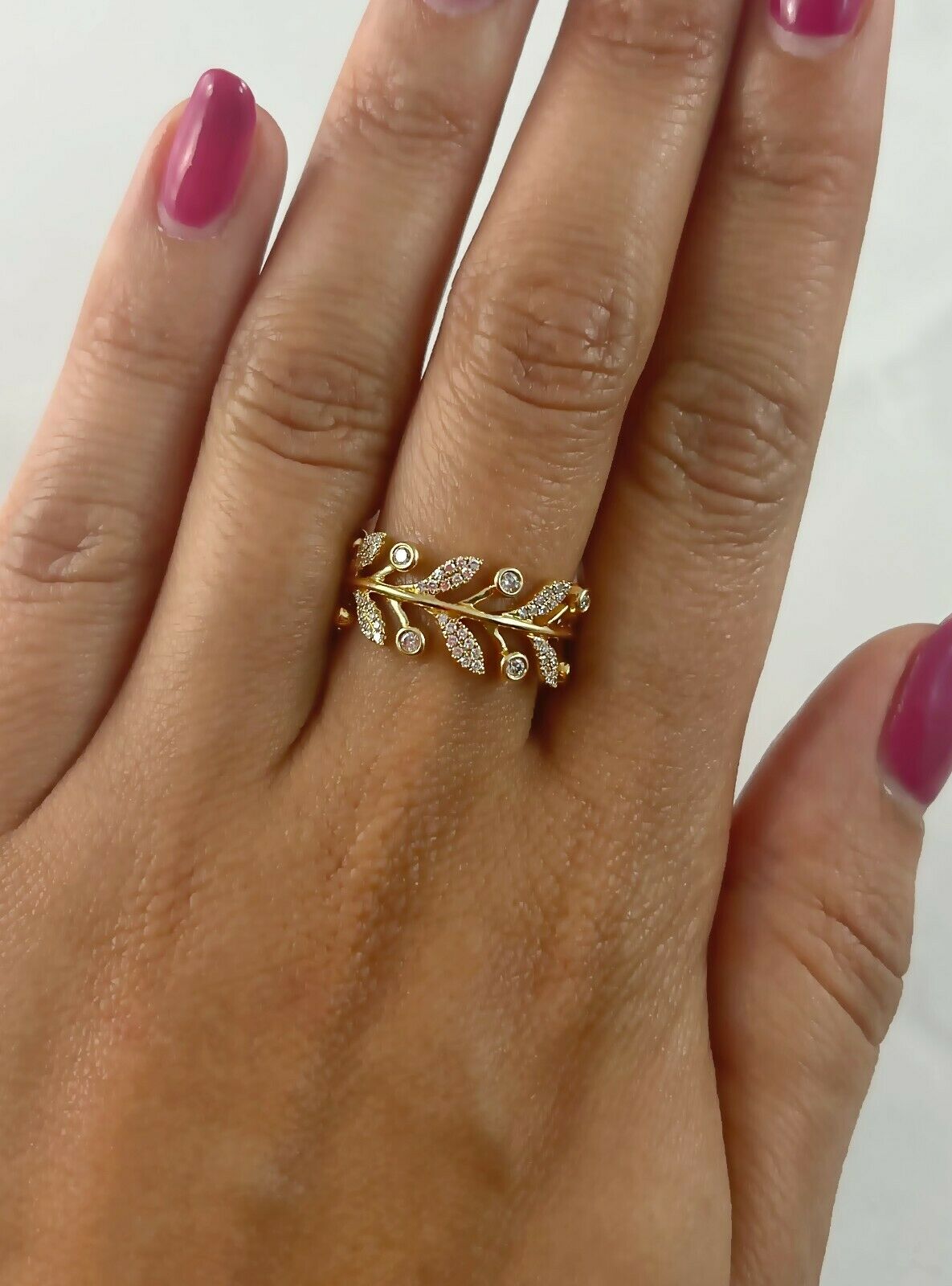 14K Gold 0.24 CT Diamond Leaf Ring Statement Natural Round Cut Bezel