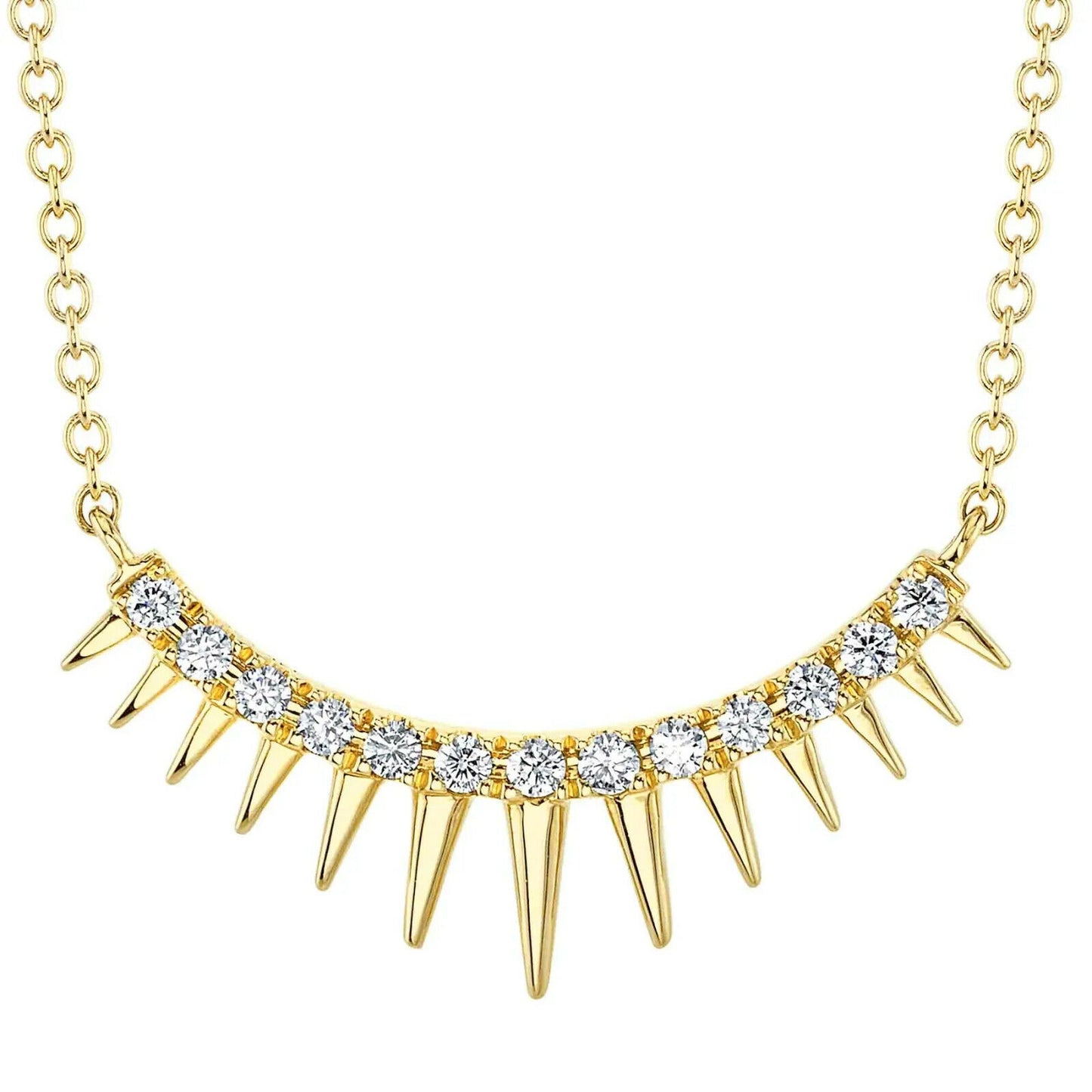 14K Gold 0.12CT Diamond Spike Curved Necklace Triangle Spikey Round Cut