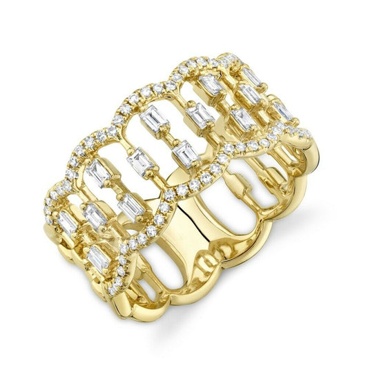 14k Gold 0.49 CT Diamond Open Ring Baguette Round Floating Scallop Wide Cocktail
