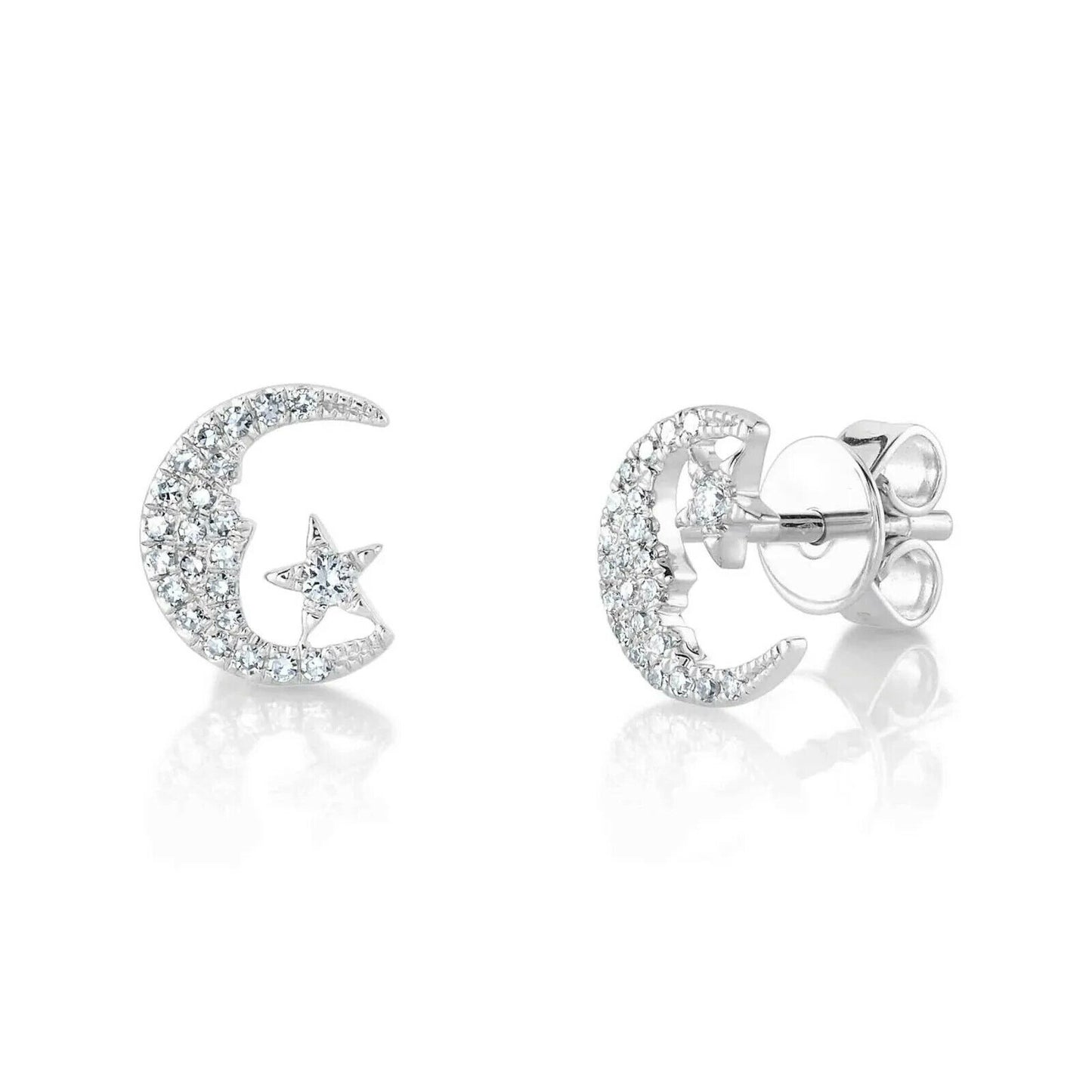 Moon And Star Diamond Necklace 14K White Gold Round Cut 0.16 CT Natural Pendant
