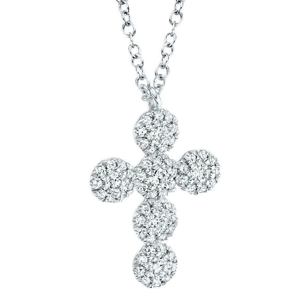 14K Gold 0.25CT Womens Diamond Cross Pendant Necklace Halo Round Cut Small