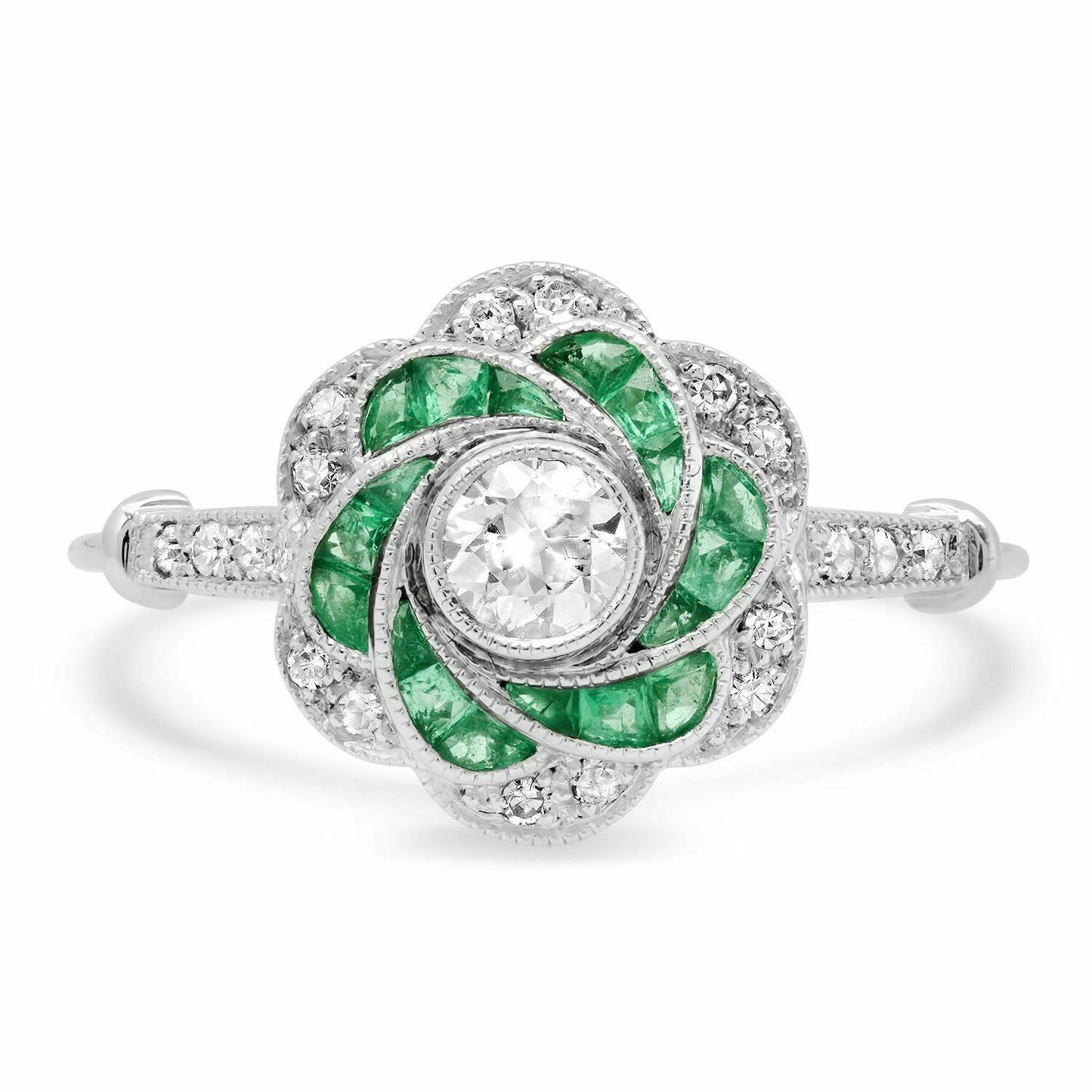 Antique Inspired Diamond Emerald Flower Platinum Ring Handmade