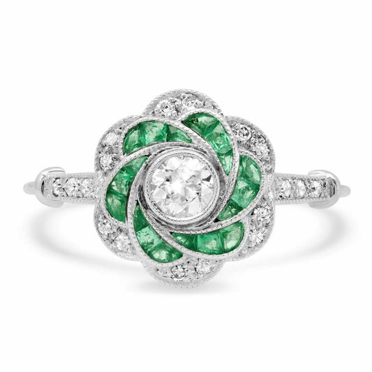 Antique Inspired Diamond Emerald Flower Platinum Ring Handmade