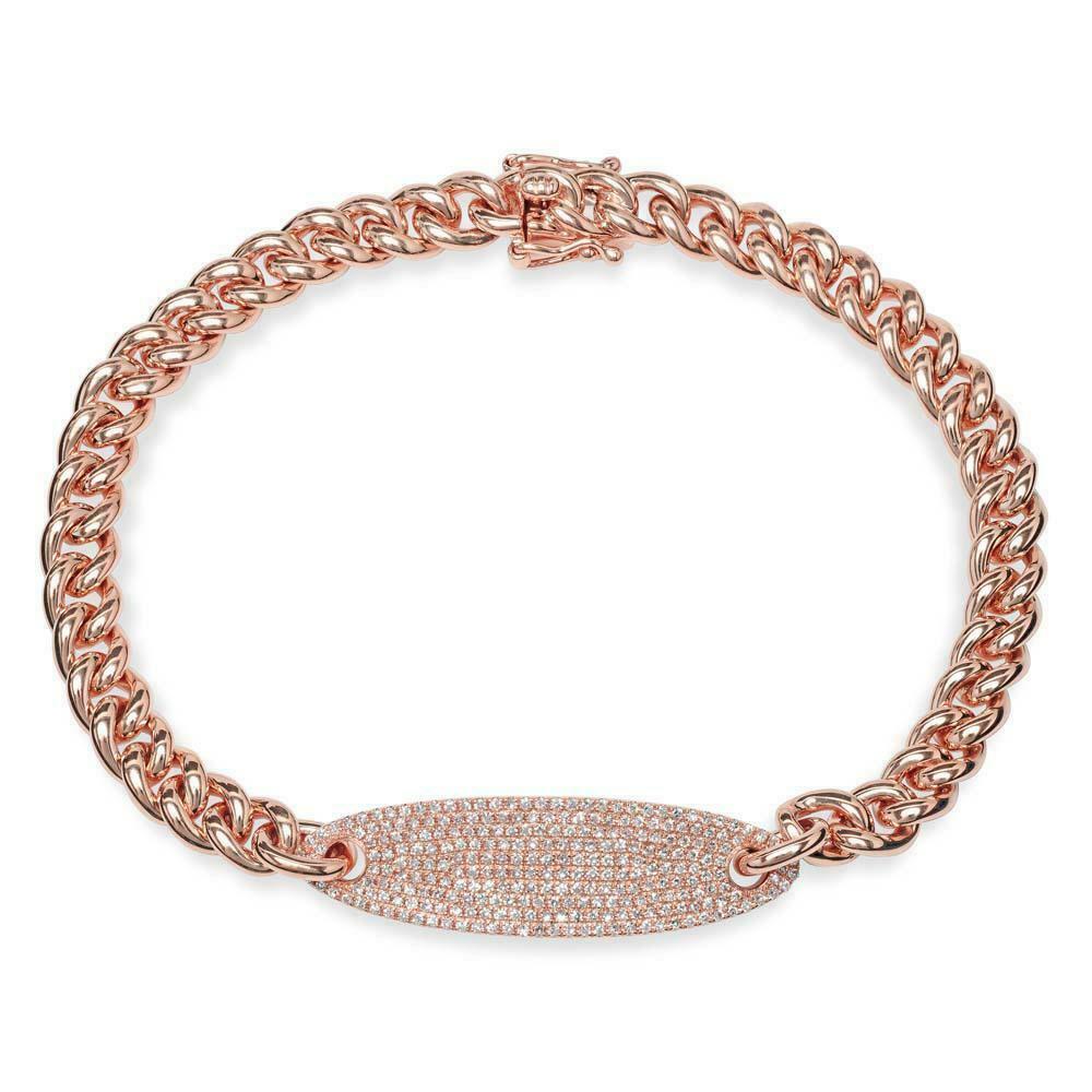 14K Gold 0.56CT Diamond Chain Link Bracelet Cuban Rope ID Bar Round Pave