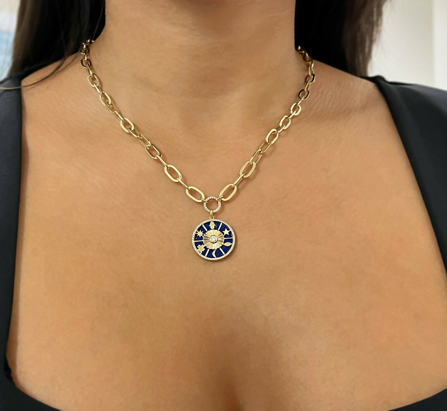 14K Gold 4.43 CT Lapis Diamond Necklace Hamsa Star Moon Clover Paper Clip Necklace Disc