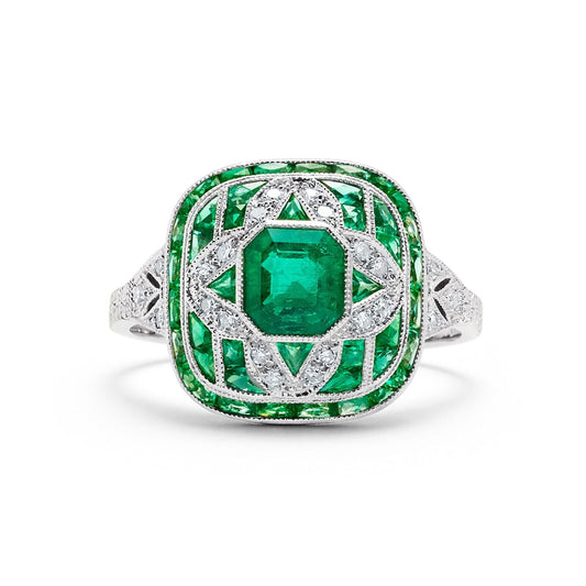 Art Deco Emerald And Diamond Platinum Ring Antique inspired