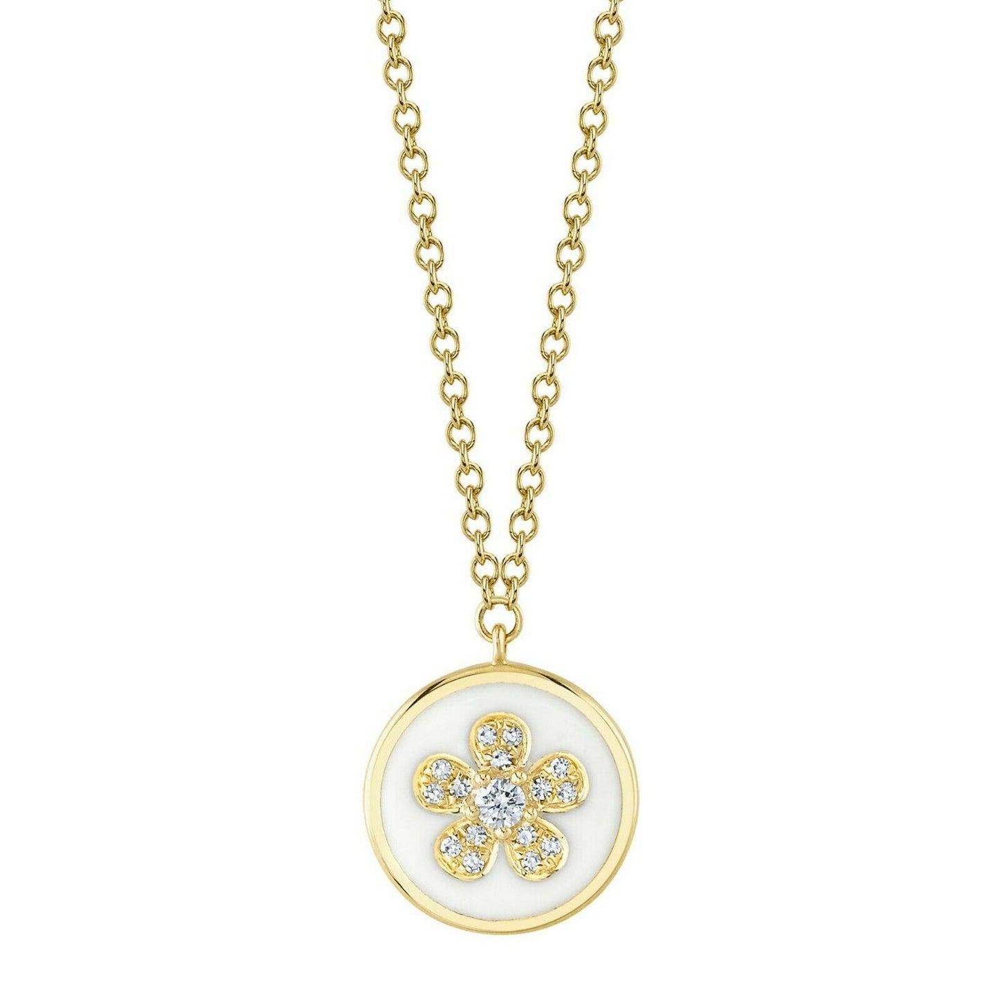 White Enamel Diamond Flower Necklace 14K Yellow Gold Circle Disc 0.06 CT Natural