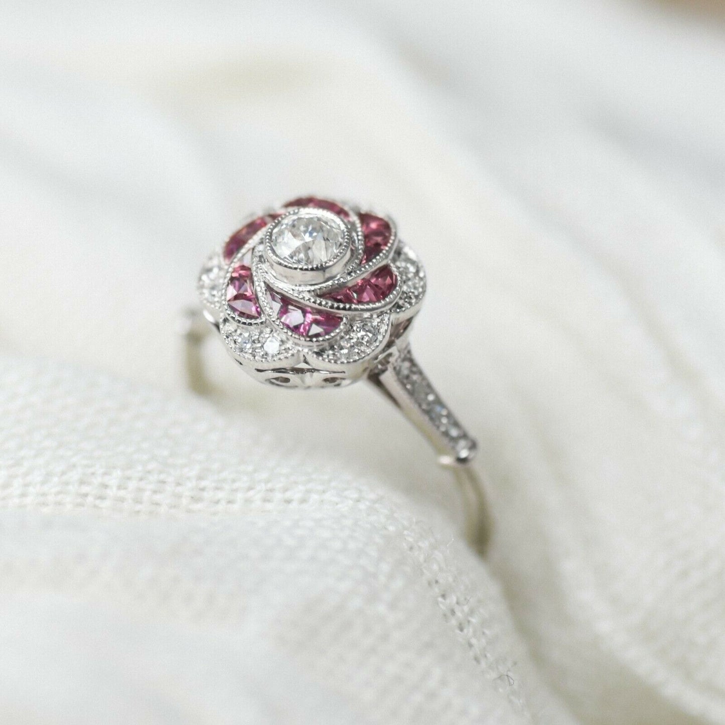 Art Deco Ruby Diamond Platinum Flower Ring Natural Handmade