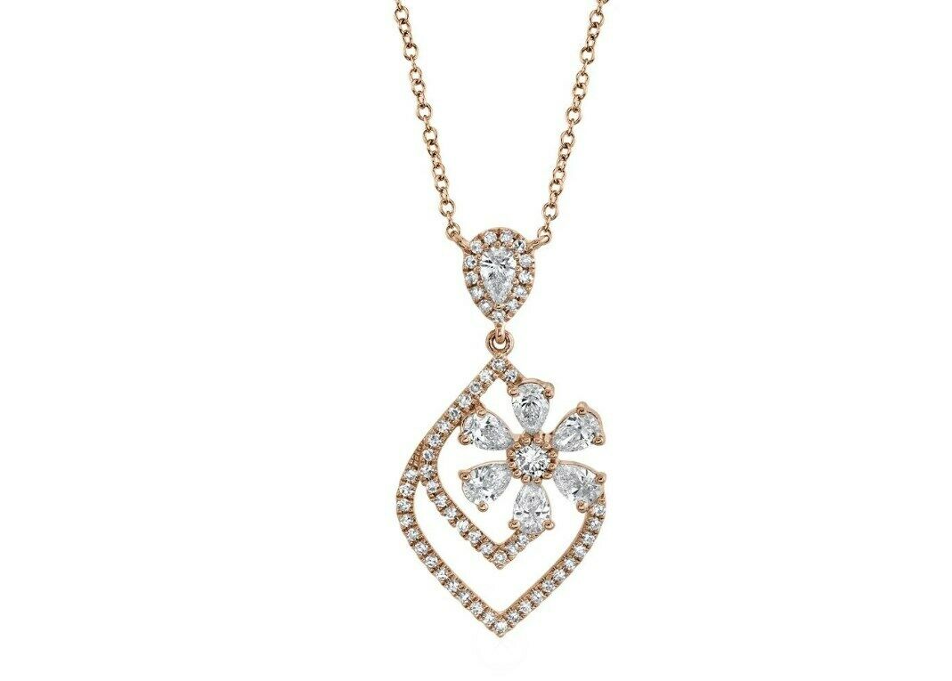 14K Gold 0.78 CT Pear Cut Diamond Pendant Necklace Floral Womens Natural Drop