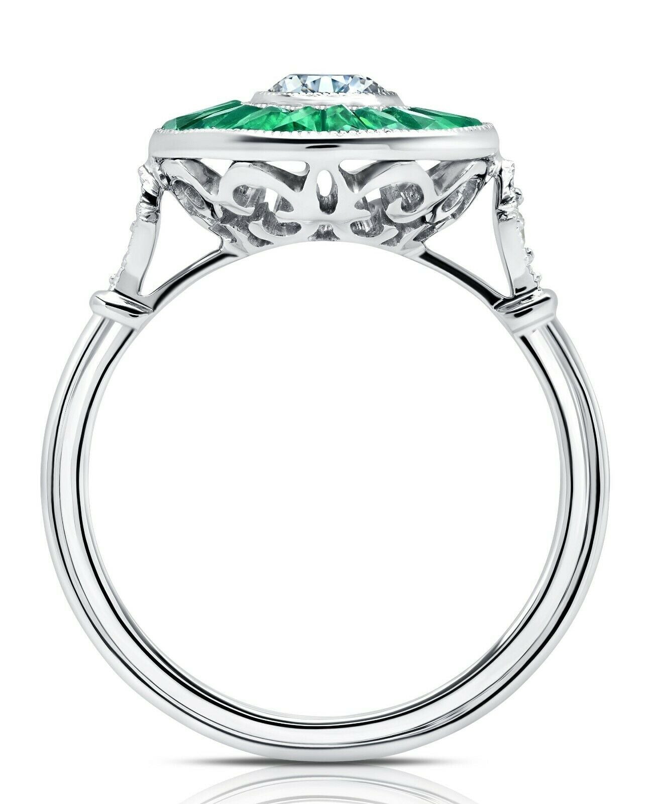 Baguette Cut Emerald Round Diamond Platinum Ring Antique Art Deco