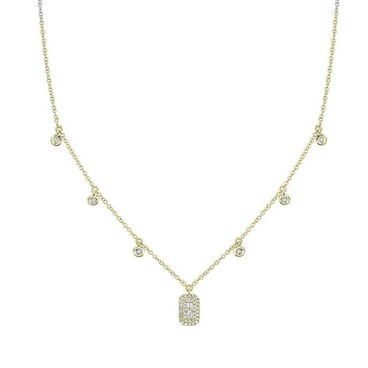 14K Gold 0.05 CT Baguette Cut Diamond Shaker Necklace Round Bezel Pendant