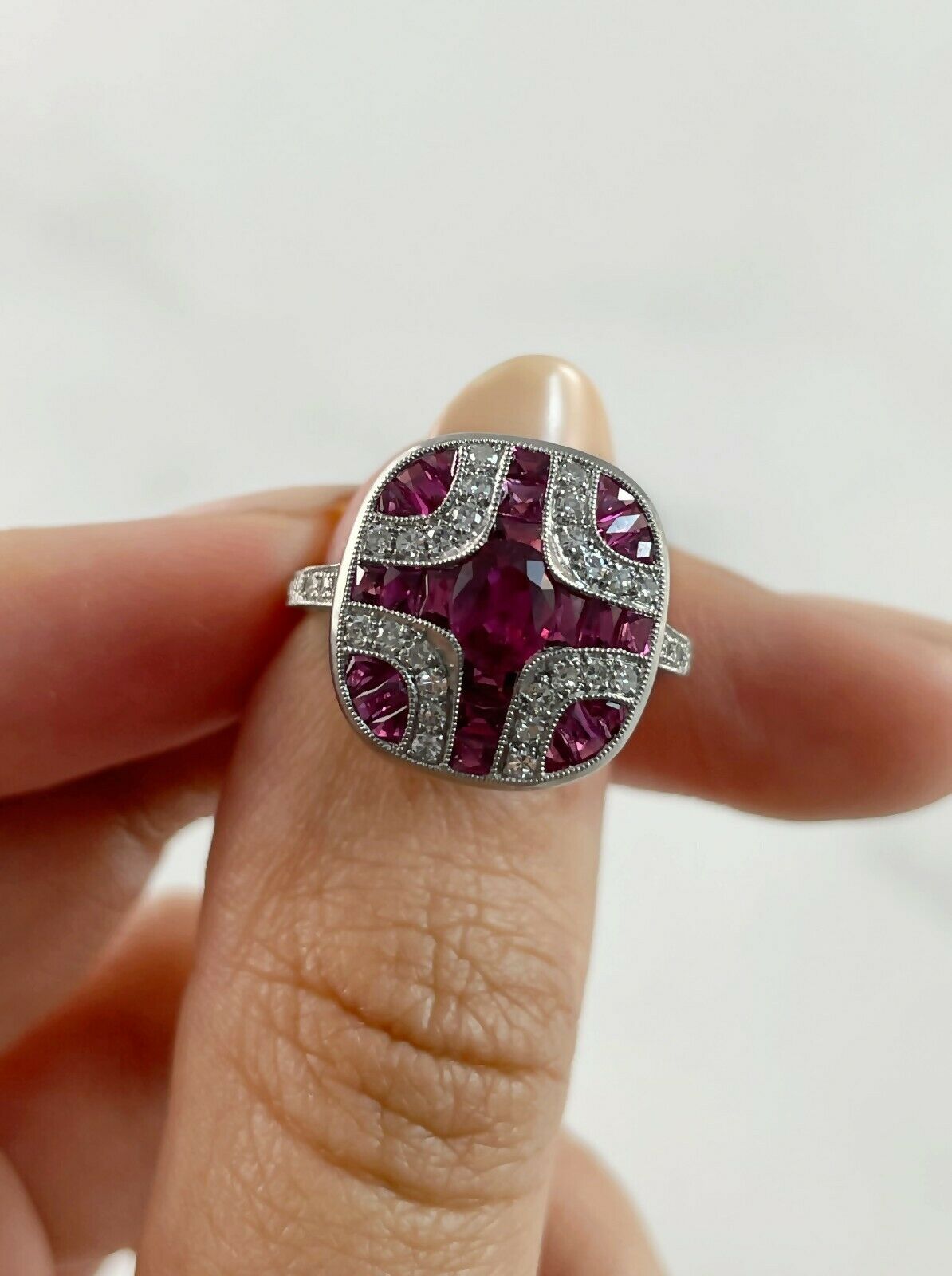 Art Deco Ruby Diamond Platinum Ring Handmade Certified Natural