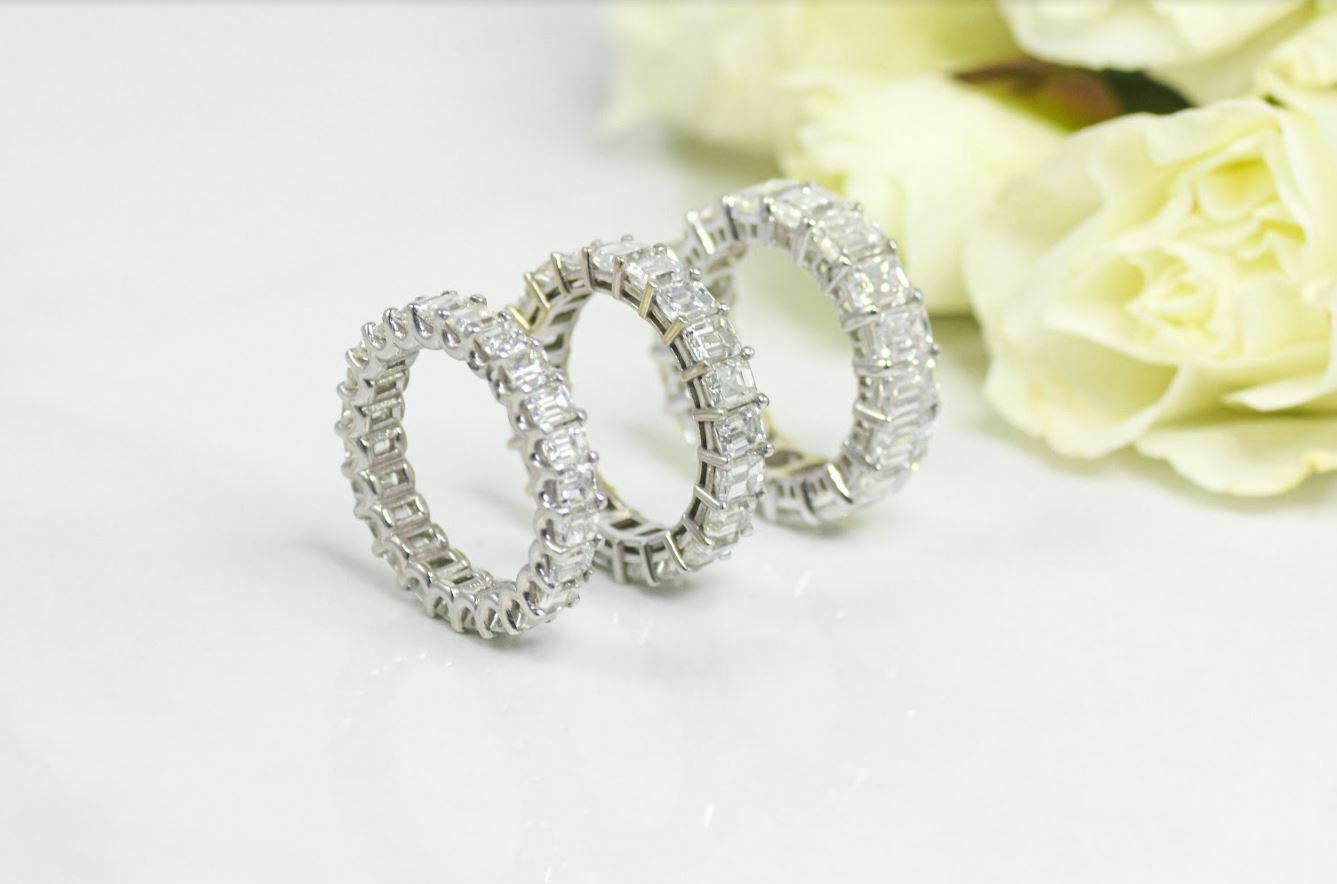 18K White Gold 6.14 CT Emerald Cut Diamond Eternity Ring Natural Certified Wedding