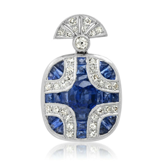 Blue Sapphire Diamond Platinum Pendant Necklace Art Deco Handmade Natural 2.16CT
