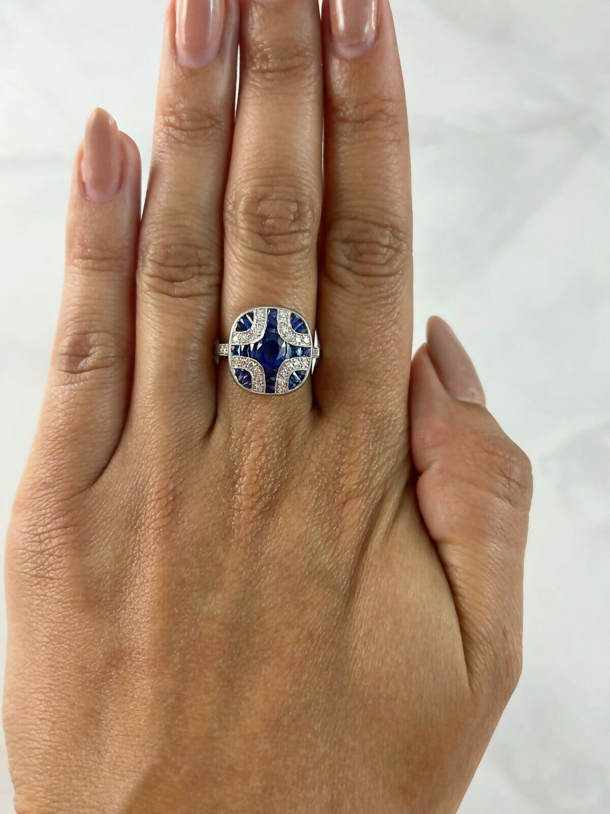 Oval Blue Sapphire Diamond Art Deco Platinum Engagement Ring Natural