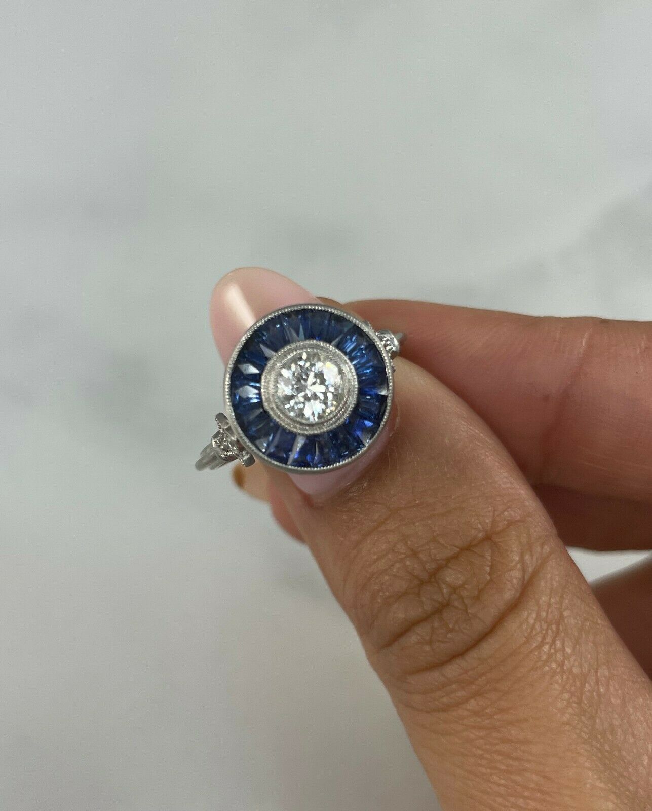 Art Deco Diamond Blue Sapphire Platinum Engagement Ring Handmade