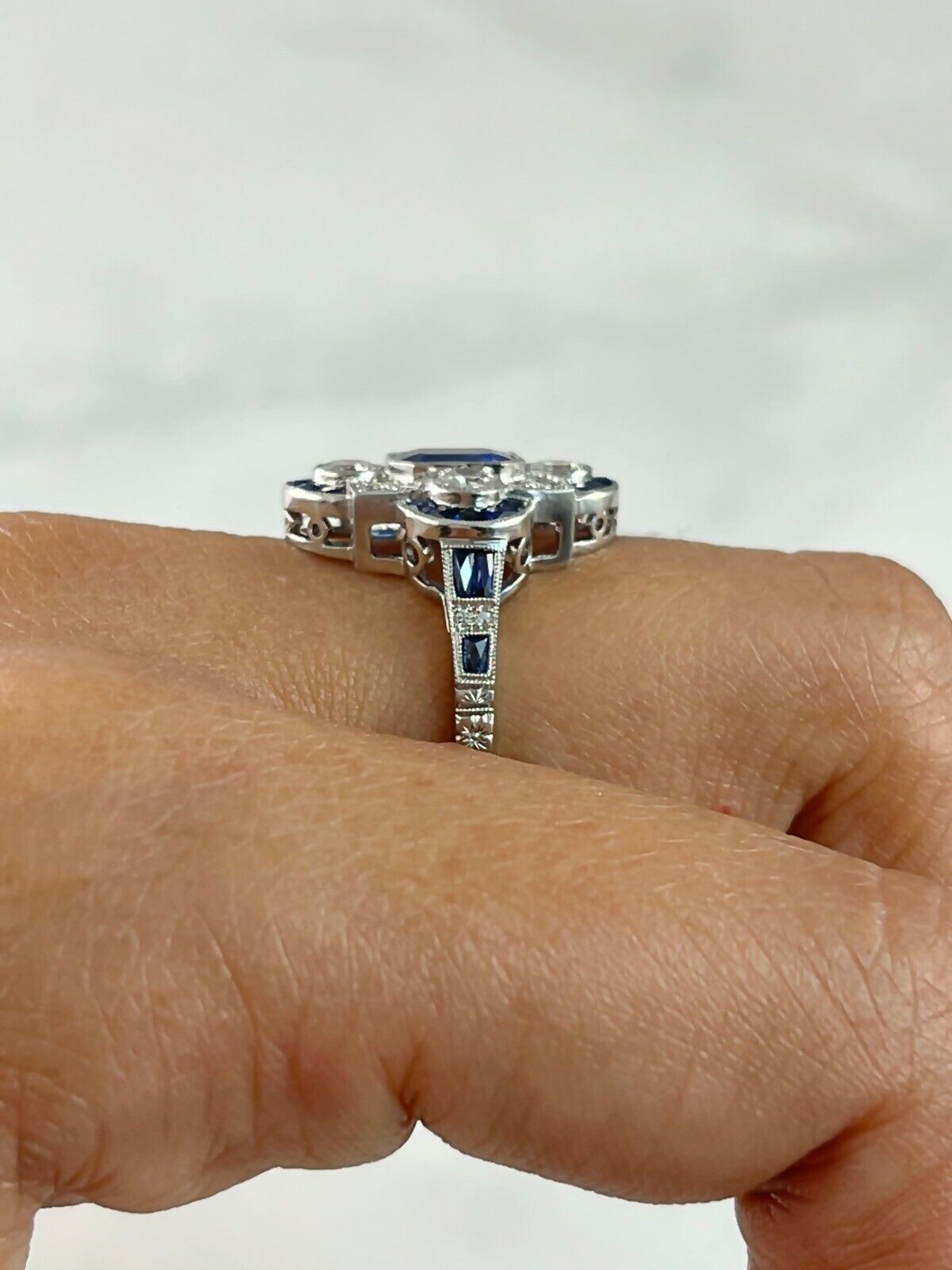Art Deco Emerald Cut Blue Sapphire Diamond Platinum Ring