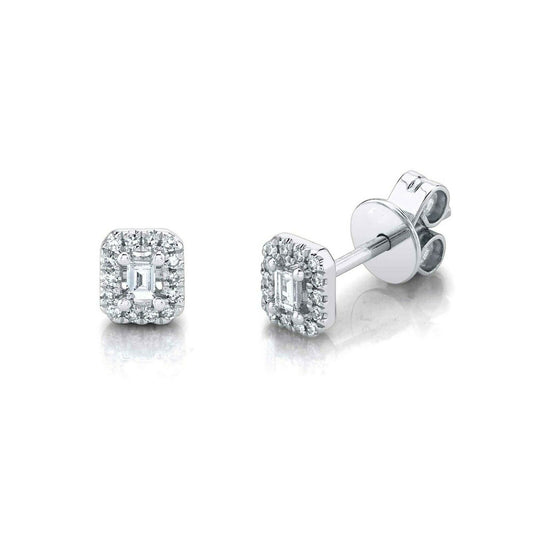 14K Gold 0.12 CT Baguette Cut Diamond Stud Earrings Halo Square