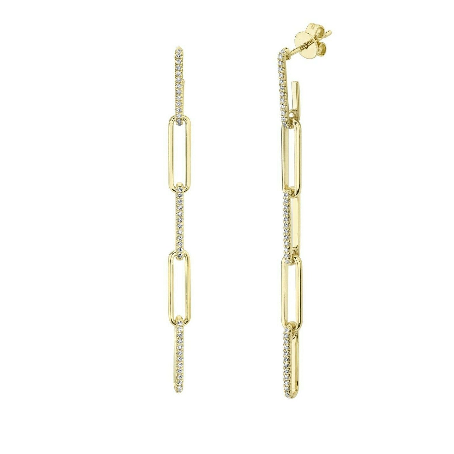 14K Gold 0.24CT Diamond Paper Clip Link Earrings Round Cut Drop Dangle