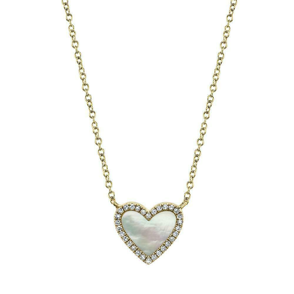 Mother Of Pearl Diamond Heart Pendant Necklace 14K Yellow Gold0.65 TCW Natural