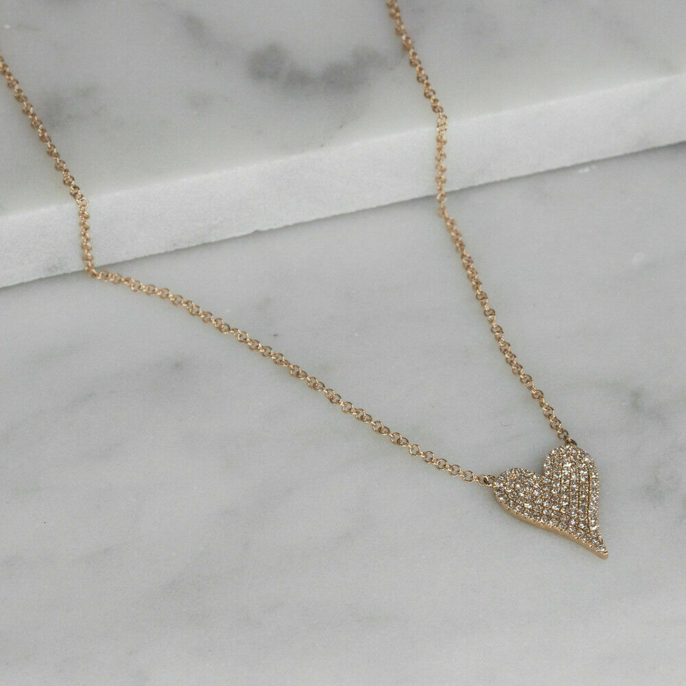 14K Gold 0.20CT Diamond Heart Pendant Necklace Pave Round Cut Natural