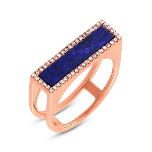14K Gold 1.06 CT Diamond Lapis Lazuli Ring Bar Rectangular Statement