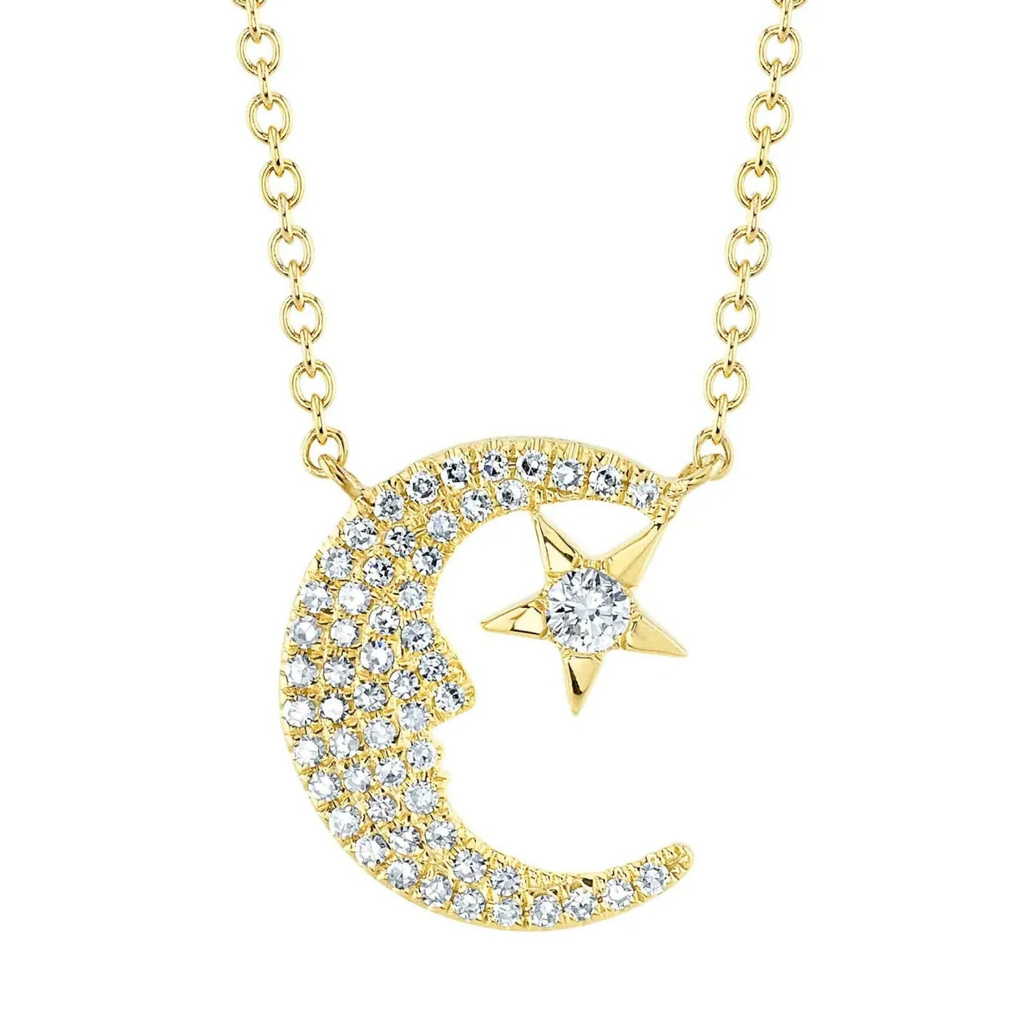 Moon And Star Diamond Necklace 14K White Gold Round Cut 0.16 CT Natural Pendant