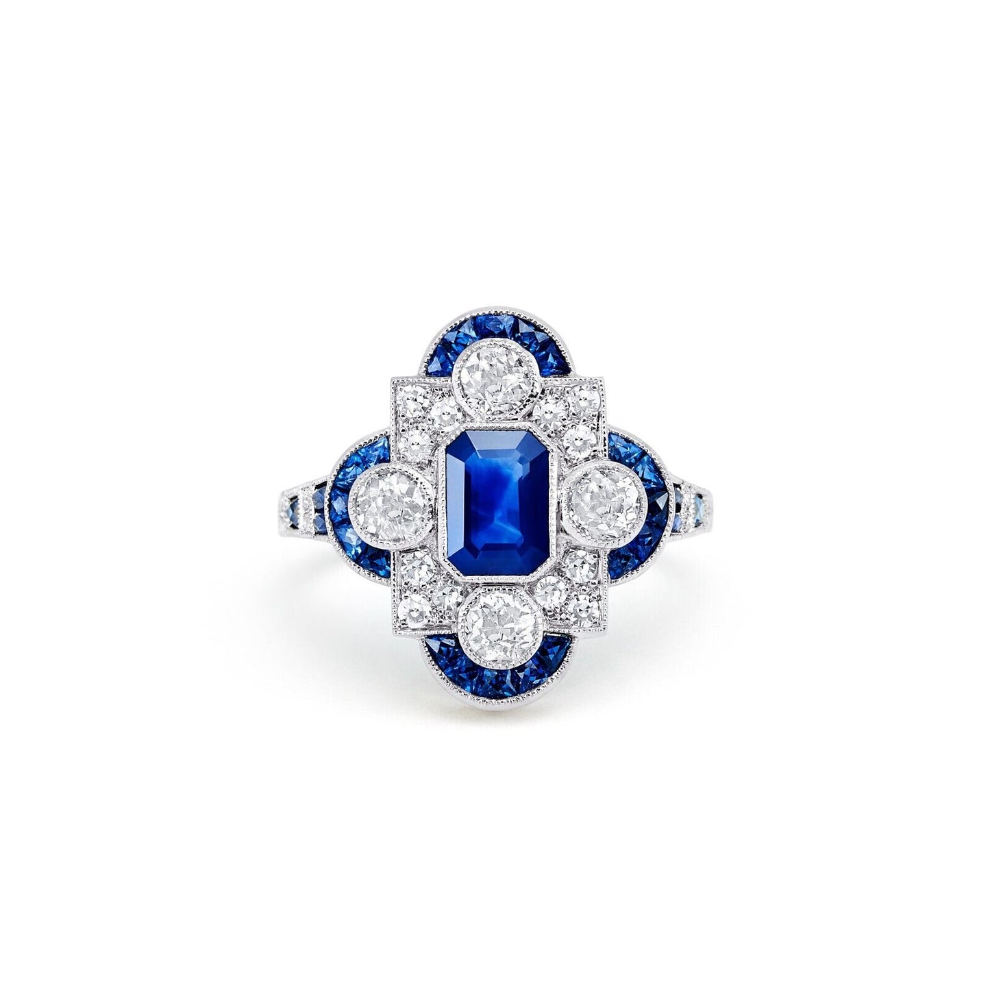 Art Deco Emerald Cut Blue Sapphire Diamond Ring In Platinum