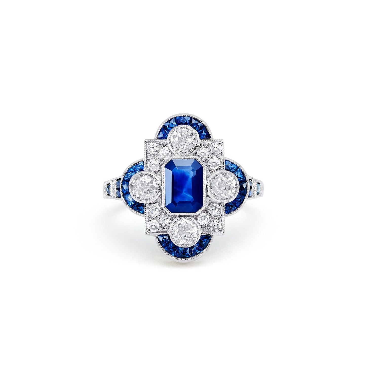 Art Deco Emerald Cut Blue Sapphire Diamond Platinum Ring