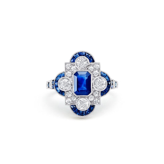 Art Deco Emerald Cut Blue Sapphire Diamond Platinum Ring